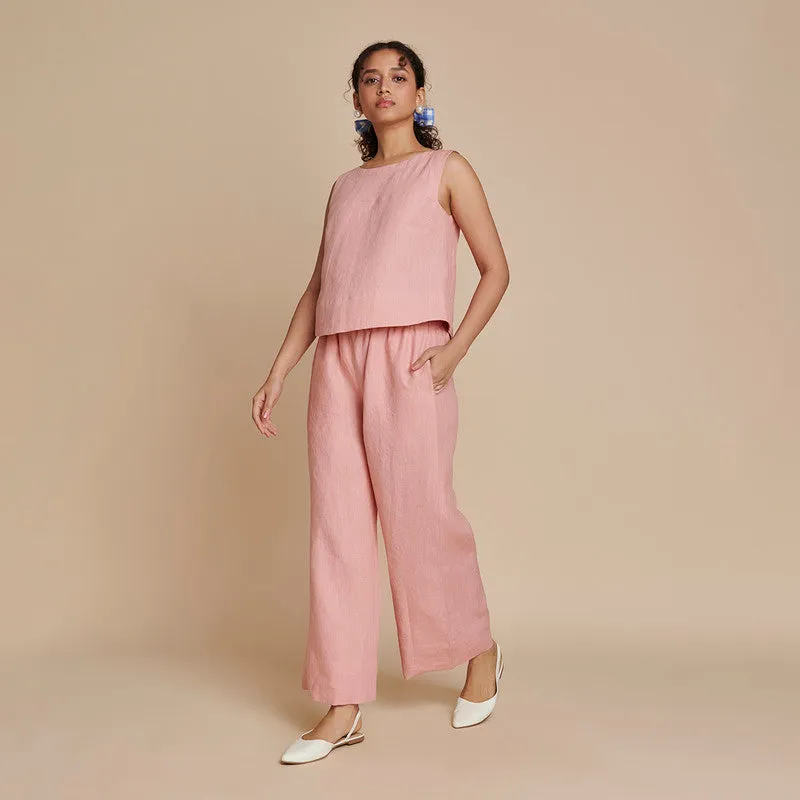 Linen Pink Co Ord Set for Women| Short Top & Pyjama Pants