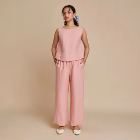 Linen Pink Co Ord Set for Women| Short Top & Pyjama Pants