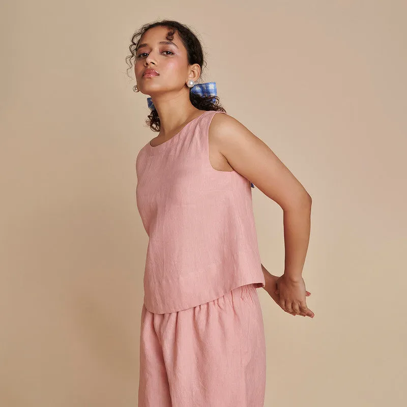 Linen Pink Co Ord Set for Women| Short Top & Pyjama Pants