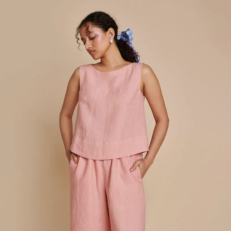 Linen Pink Co Ord Set for Women| Short Top & Pyjama Pants