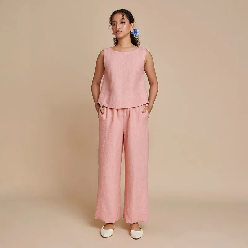 Linen Pink Co Ord Set for Women| Short Top & Pyjama Pants