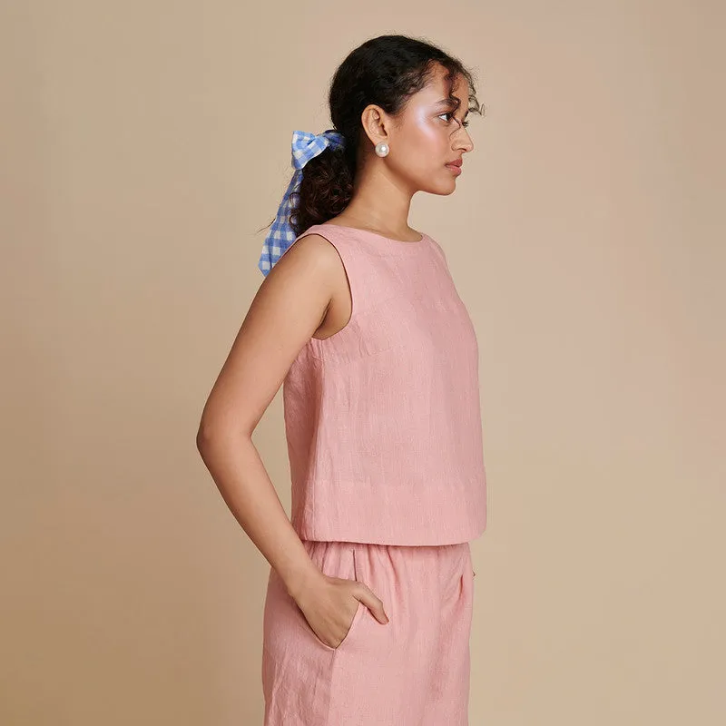 Linen Pink Co Ord Set for Women| Short Top & Pyjama Pants
