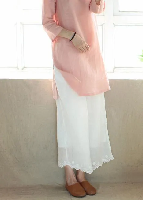Loose Summer Casual White Embroidery Shape Elastic Waist Pant