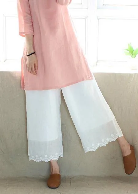 Loose Summer Casual White Embroidery Shape Elastic Waist Pant