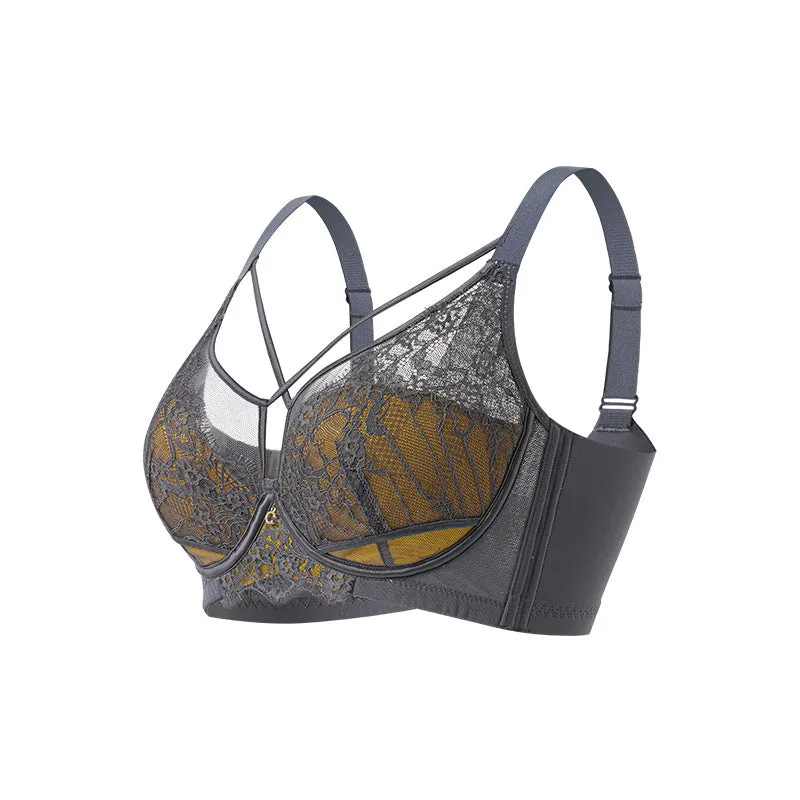 Memory soft steel ring eyelash lace big chest small breathable honeycomb cup bra set sexy underwear women