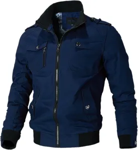 Men's Casual Bomber Jackets Stand Collar Military Jacket Windbreaker Classic Cozy Outwear with Pockets