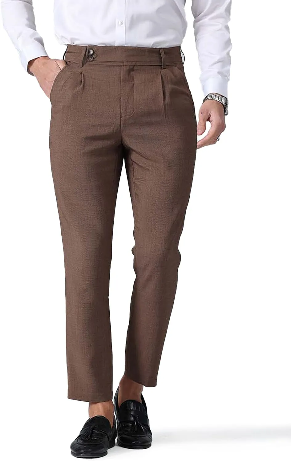 Men's High Waisted Fold Pleated Pants, Slim Fit Lightweight Soft Tapered Dress Pants Casual Versatile Trousers