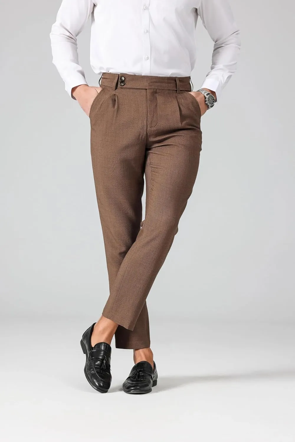 Men's High Waisted Fold Pleated Pants, Slim Fit Lightweight Soft Tapered Dress Pants Casual Versatile Trousers