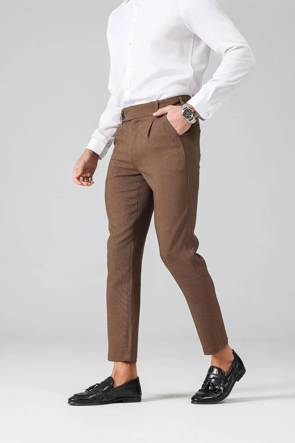 Men's High Waisted Fold Pleated Pants, Slim Fit Lightweight Soft Tapered Dress Pants Casual Versatile Trousers