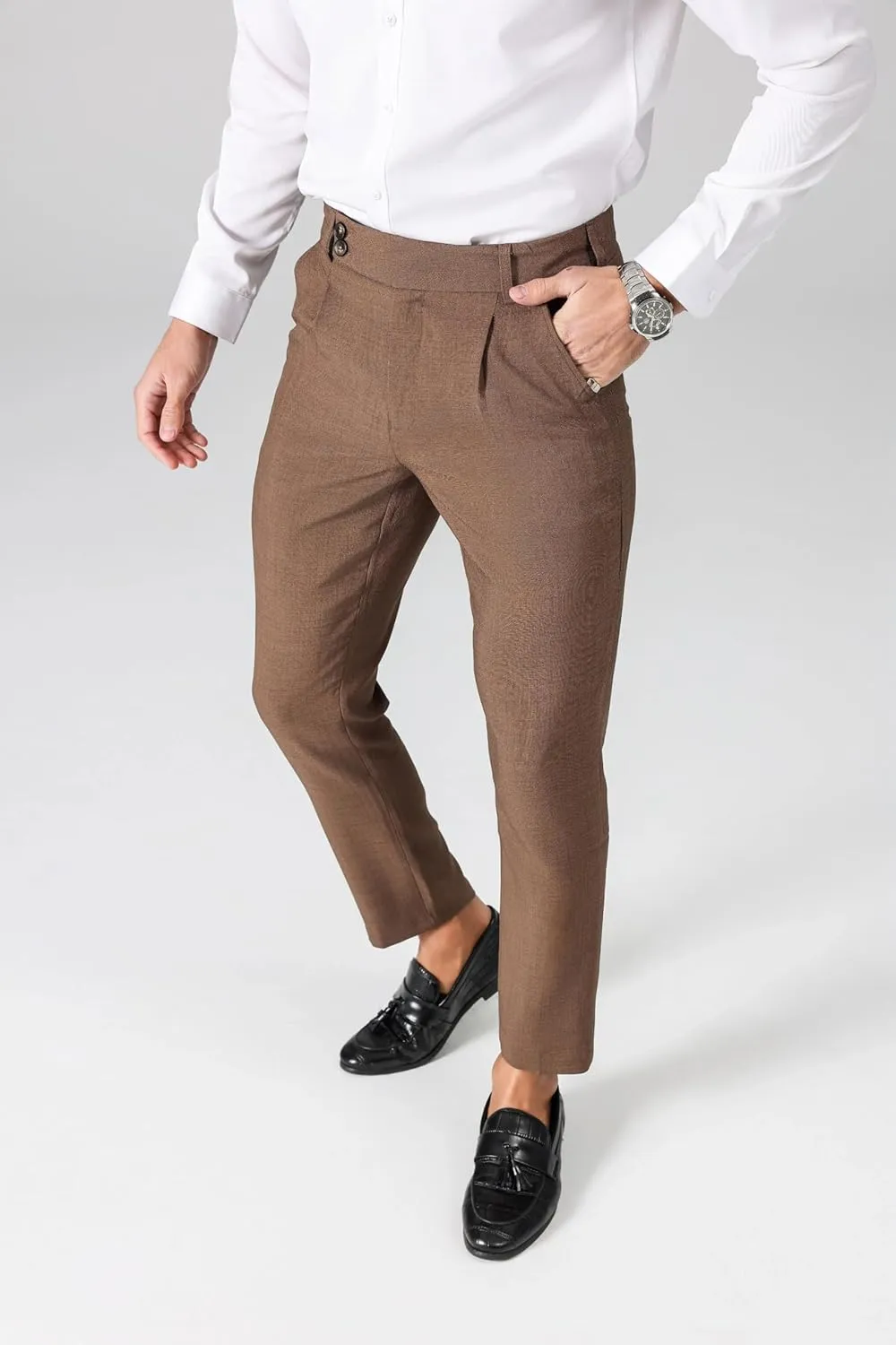 Men's High Waisted Fold Pleated Pants, Slim Fit Lightweight Soft Tapered Dress Pants Casual Versatile Trousers