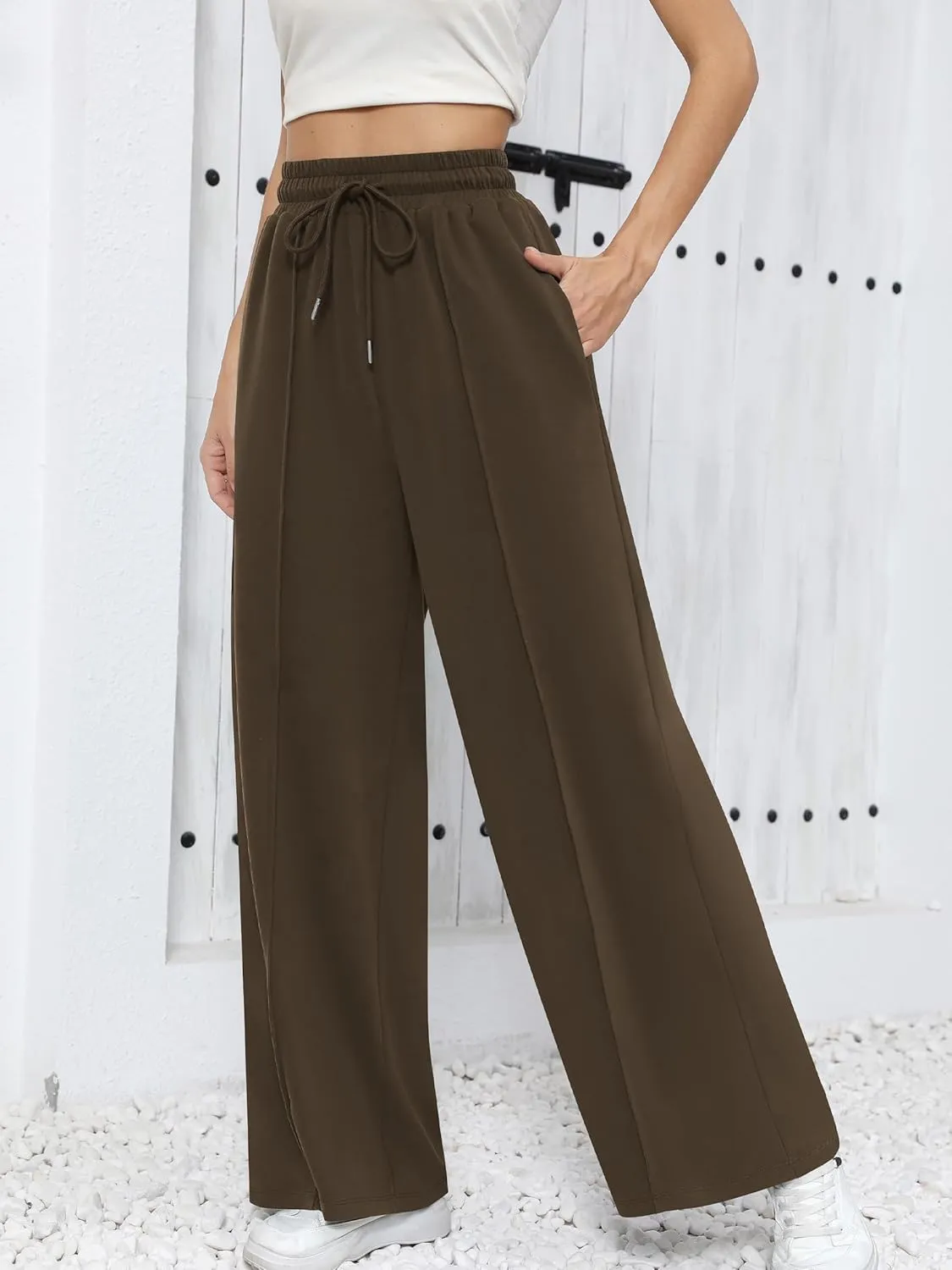 Missufe Women's Elastic High Waist Wide Leg Loose Casual Pants Joggers Workout Lounge Sweatpants with Pockets