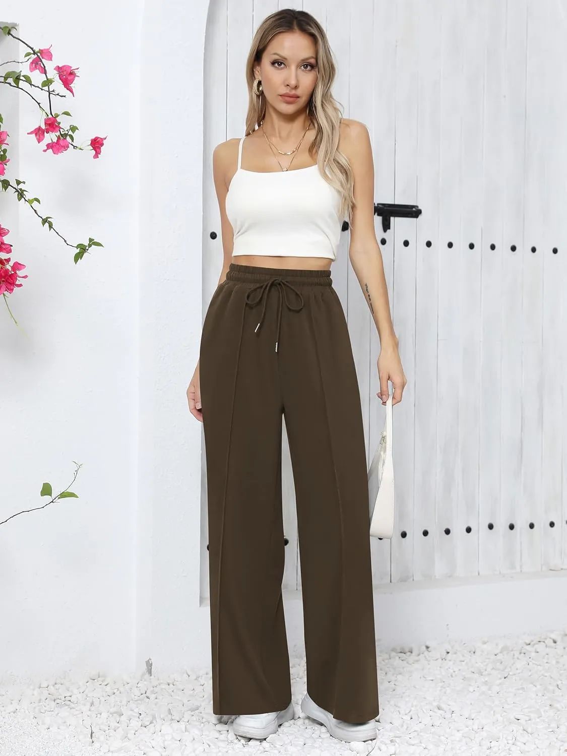 Missufe Women's Elastic High Waist Wide Leg Loose Casual Pants Joggers Workout Lounge Sweatpants with Pockets
