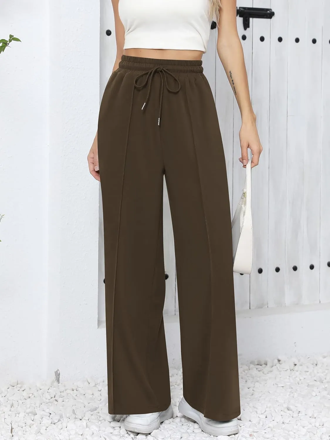 Missufe Women's Elastic High Waist Wide Leg Loose Casual Pants Joggers Workout Lounge Sweatpants with Pockets