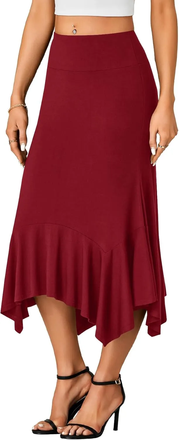 OPOIPIN Women's Stretchy High Waist Ruffle Asymmetrical Hem Flowy Midi Skirt