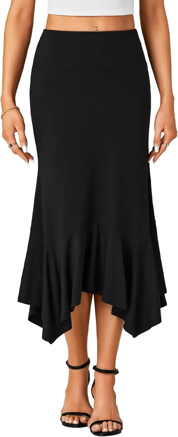OPOIPIN Women's Stretchy High Waist Ruffle Asymmetrical Hem Flowy Midi Skirt