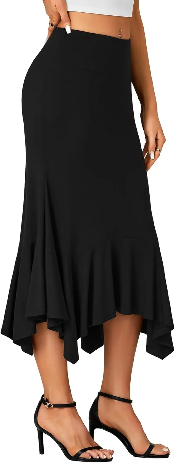 OPOIPIN Women's Stretchy High Waist Ruffle Asymmetrical Hem Flowy Midi Skirt
