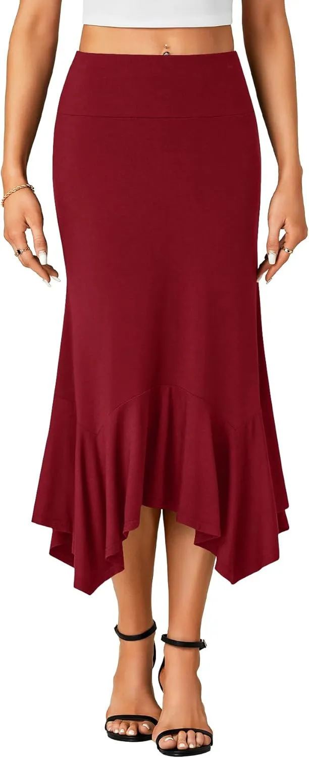 OPOIPIN Women's Stretchy High Waist Ruffle Asymmetrical Hem Flowy Midi Skirt