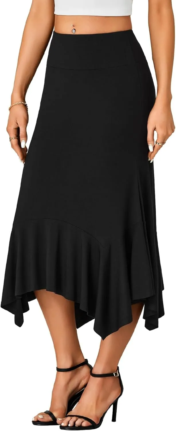 OPOIPIN Women's Stretchy High Waist Ruffle Asymmetrical Hem Flowy Midi Skirt
