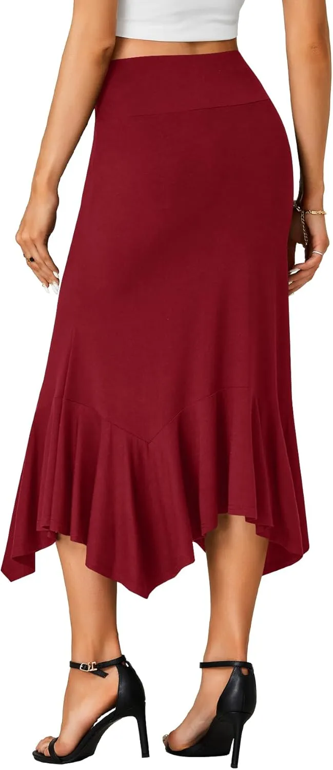 OPOIPIN Women's Stretchy High Waist Ruffle Asymmetrical Hem Flowy Midi Skirt