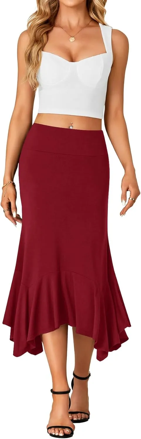 OPOIPIN Women's Stretchy High Waist Ruffle Asymmetrical Hem Flowy Midi Skirt