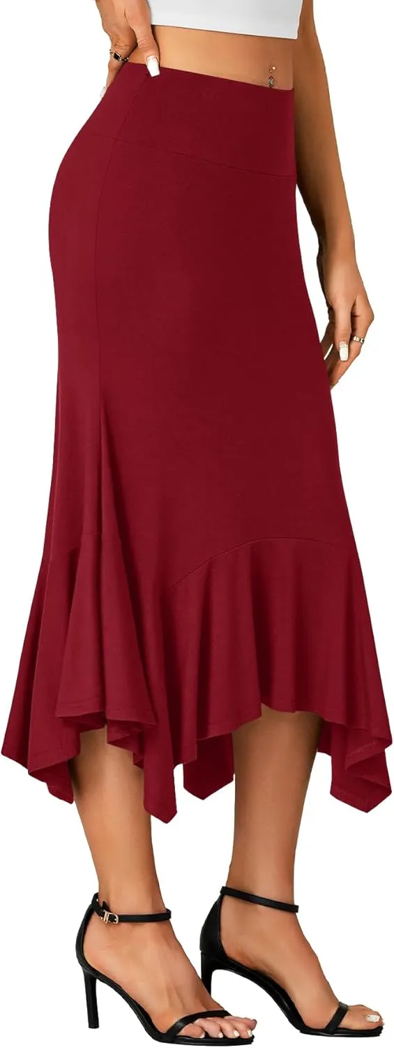 OPOIPIN Women's Stretchy High Waist Ruffle Asymmetrical Hem Flowy Midi Skirt