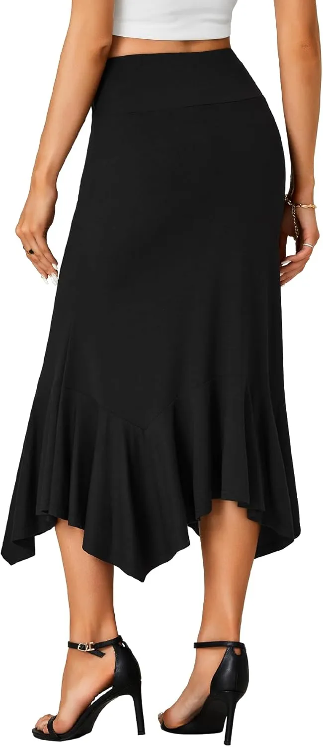 OPOIPIN Women's Stretchy High Waist Ruffle Asymmetrical Hem Flowy Midi Skirt