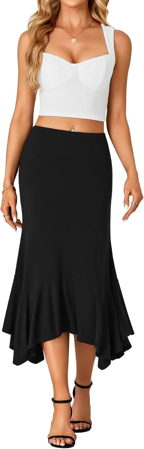 OPOIPIN Women's Stretchy High Waist Ruffle Asymmetrical Hem Flowy Midi Skirt