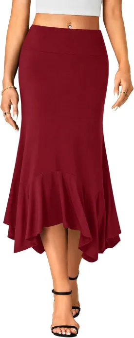 OPOIPIN Women's Stretchy High Waist Ruffle Asymmetrical Hem Flowy Midi Skirt