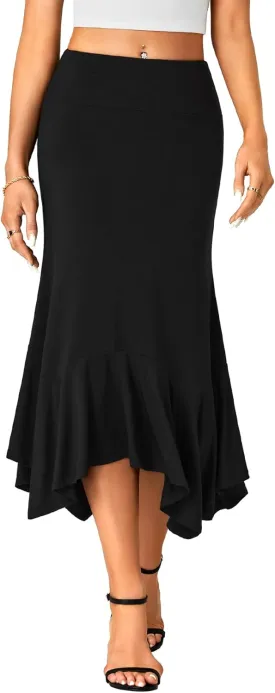 OPOIPIN Women's Stretchy High Waist Ruffle Asymmetrical Hem Flowy Midi Skirt