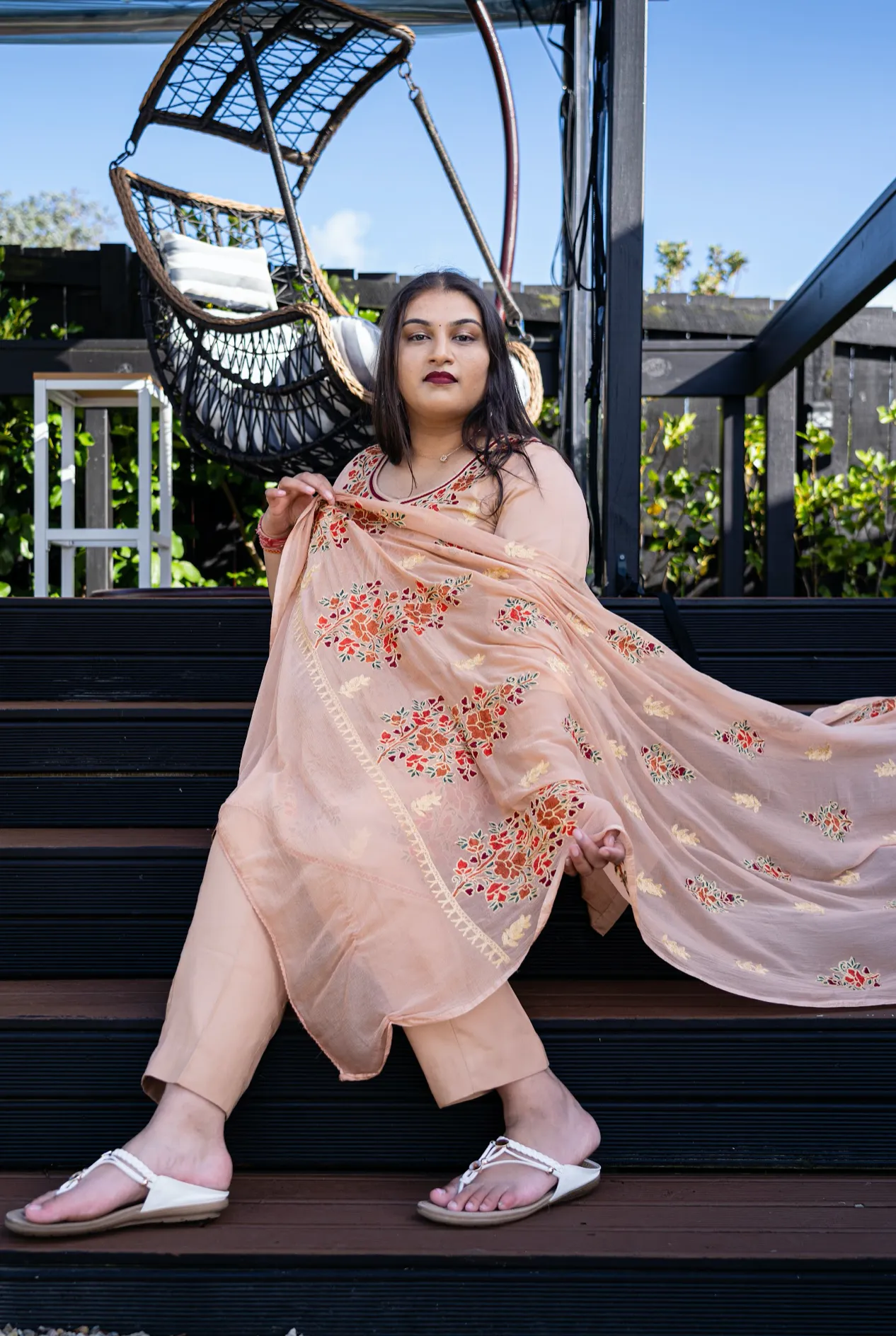 Peach Embroidered Aari Work Kurta Pant Set-Rayon