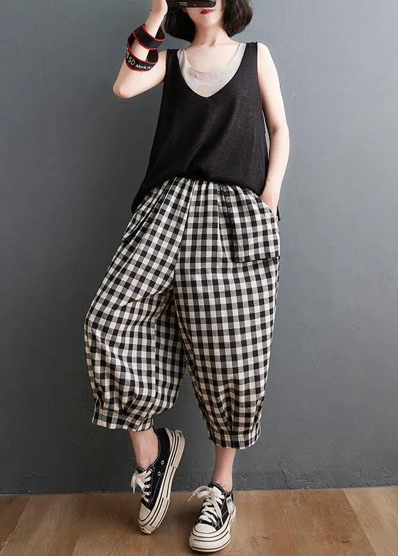 Plus Size Plaid Elastic Waist Casual Harem Pants Summer Cotton Linen