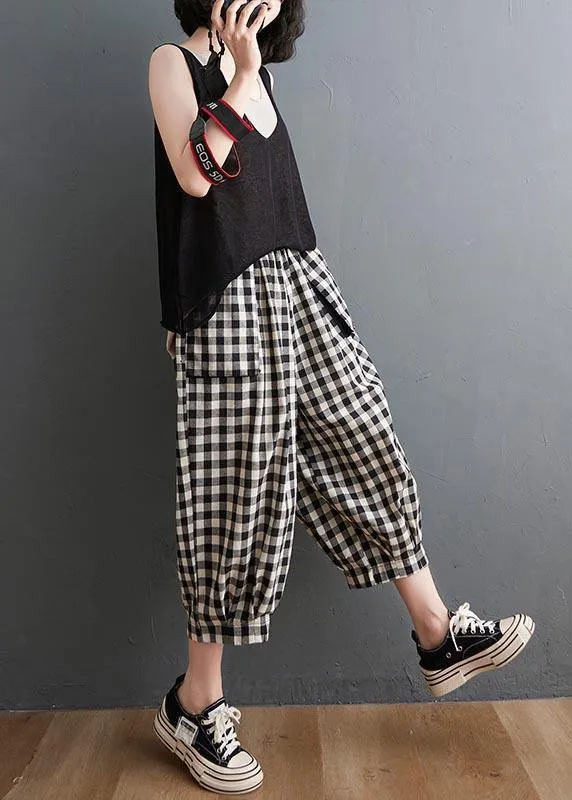 Plus Size Plaid Elastic Waist Casual Harem Pants Summer Cotton Linen
