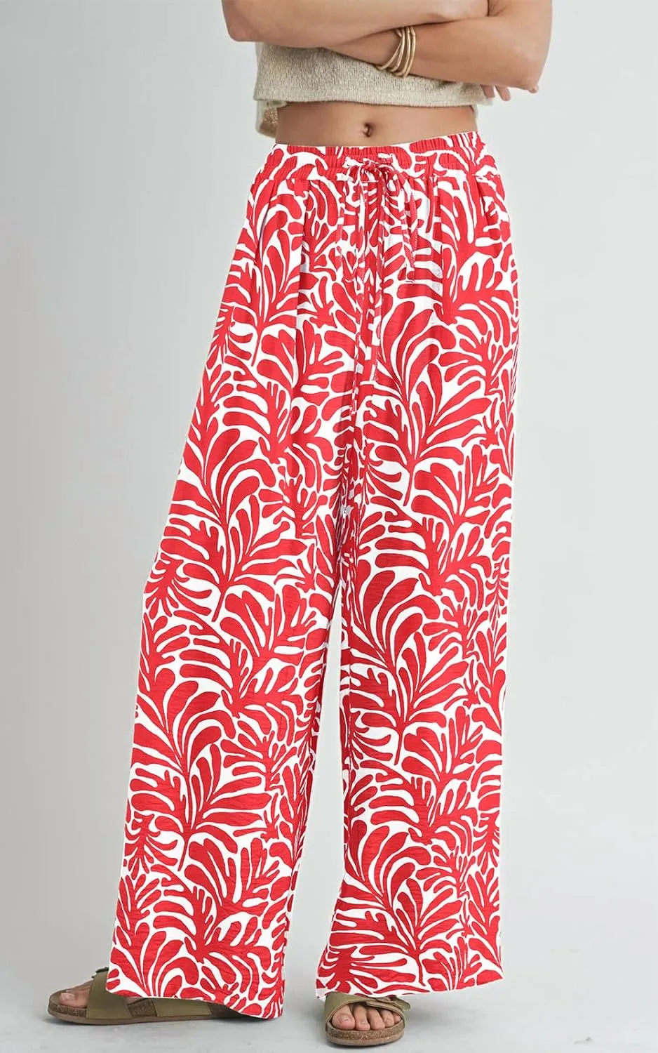 PRETTYGARDEN Womens Pants Elastic Waist Floral Lightweight Palazzo Pants for Women Casual Lounge Wide Leg Pants Woman