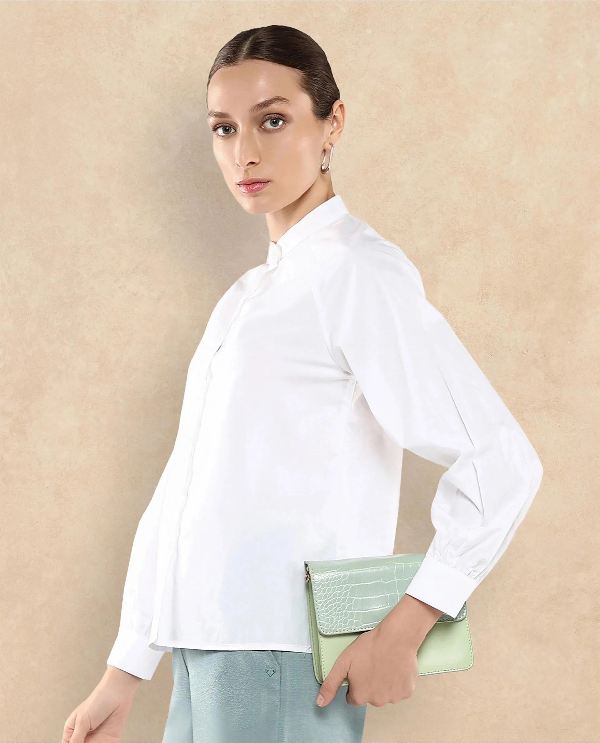 Rareism Women Bartpo White Full Sleeve Ruffled Neck Plain Top