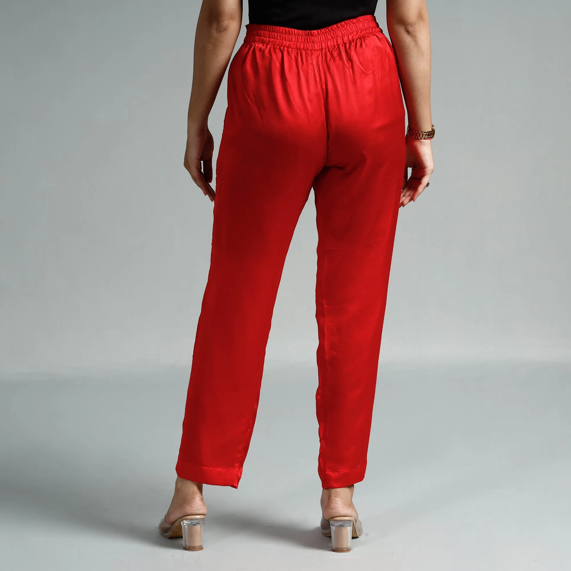 Red - Plain Modal Silk Elasticated Pant