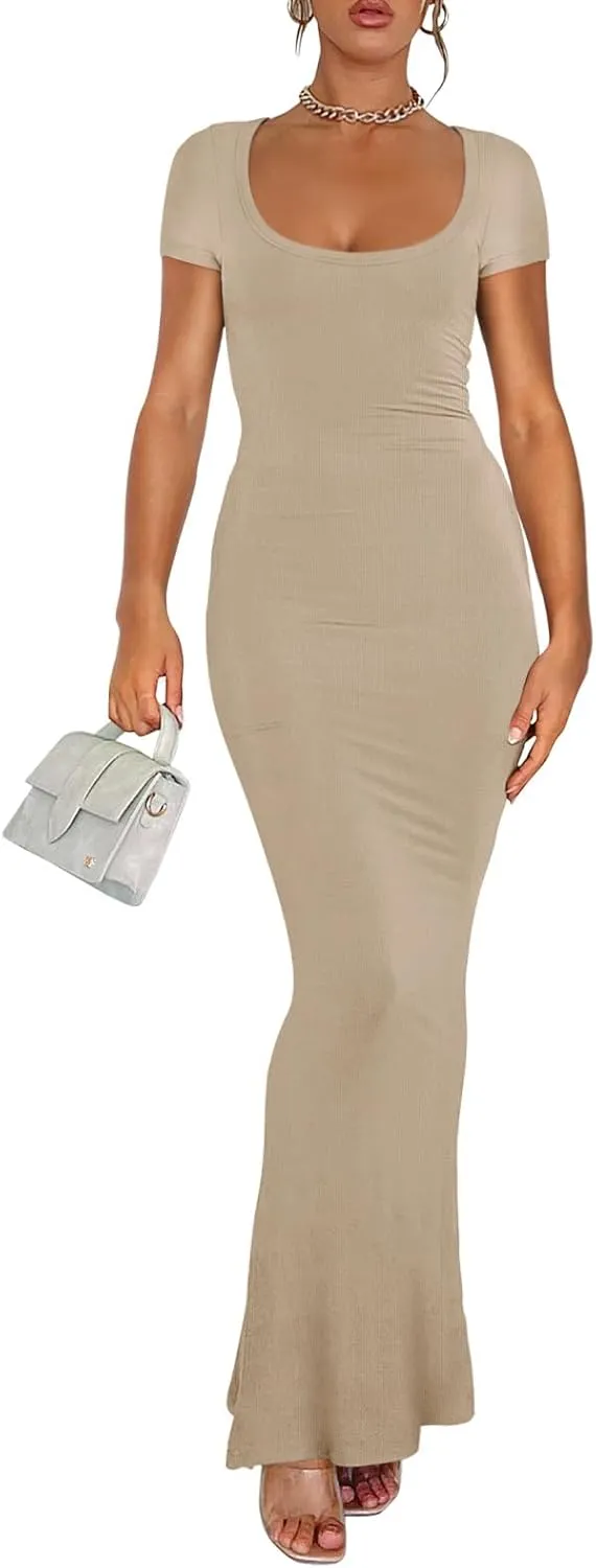 REORIA Women's 2025 Sexy Scoop Neck Lounge Long Dress Elegant Basic Short Sleeve Ribbed Bodycon Maxi Dresses