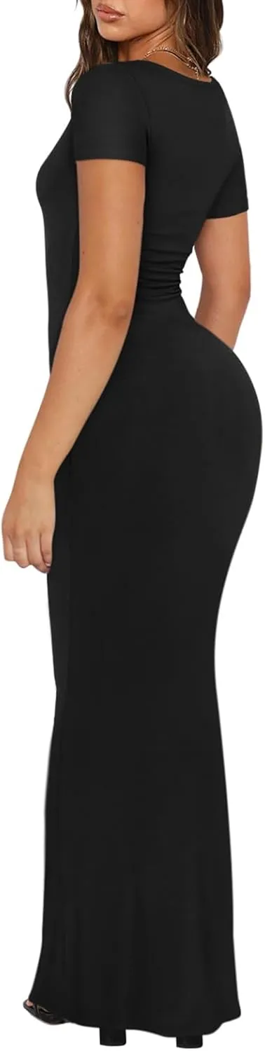REORIA Women's 2025 Sexy Scoop Neck Lounge Long Dress Elegant Basic Short Sleeve Ribbed Bodycon Maxi Dresses