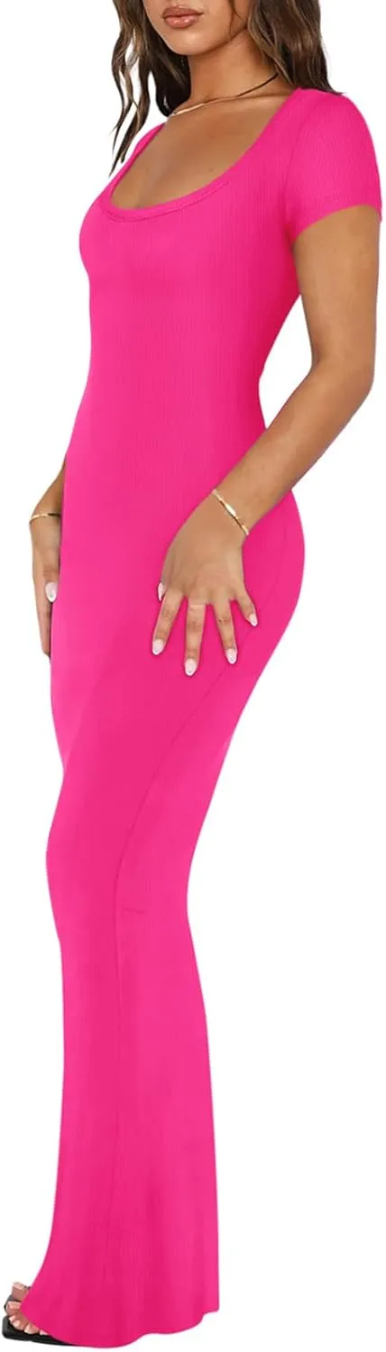 REORIA Women's 2025 Sexy Scoop Neck Lounge Long Dress Elegant Basic Short Sleeve Ribbed Bodycon Maxi Dresses