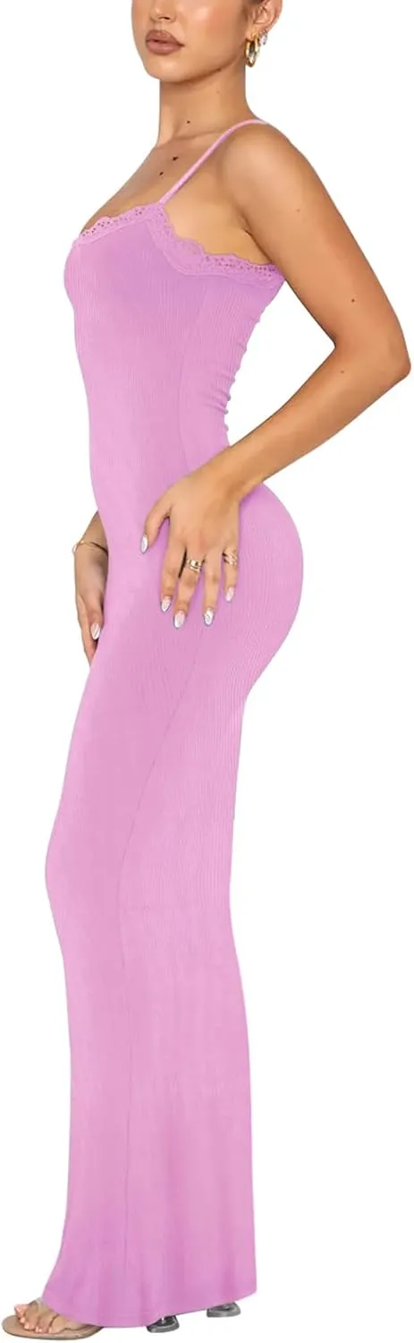 REORIA Women's Summer Lace Slip Lounge Long Dress Sexy Casual Elegant Backless Ribbed Bodycon Maxi Dresses