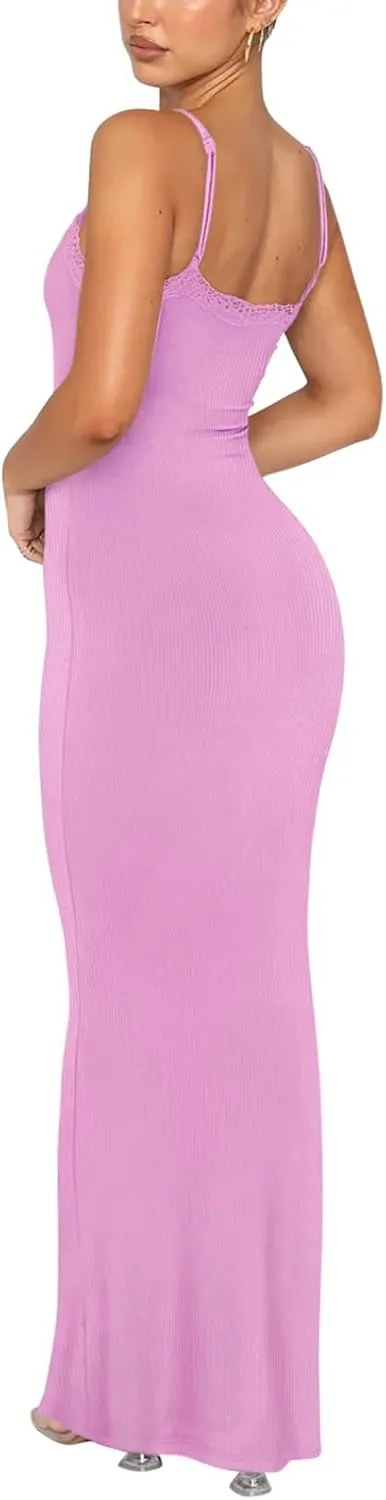 REORIA Women's Summer Lace Slip Lounge Long Dress Sexy Casual Elegant Backless Ribbed Bodycon Maxi Dresses