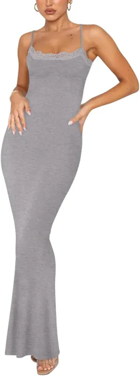 REORIA Women's Summer Lace Slip Lounge Long Dress Sexy Casual Elegant Backless Ribbed Bodycon Maxi Dresses