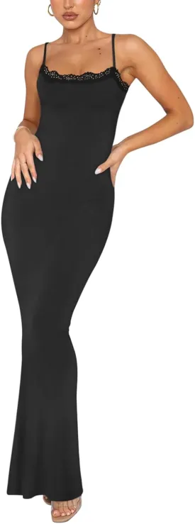 REORIA Women's Summer Lace Slip Lounge Long Dress Sexy Casual Elegant Backless Ribbed Bodycon Maxi Dresses