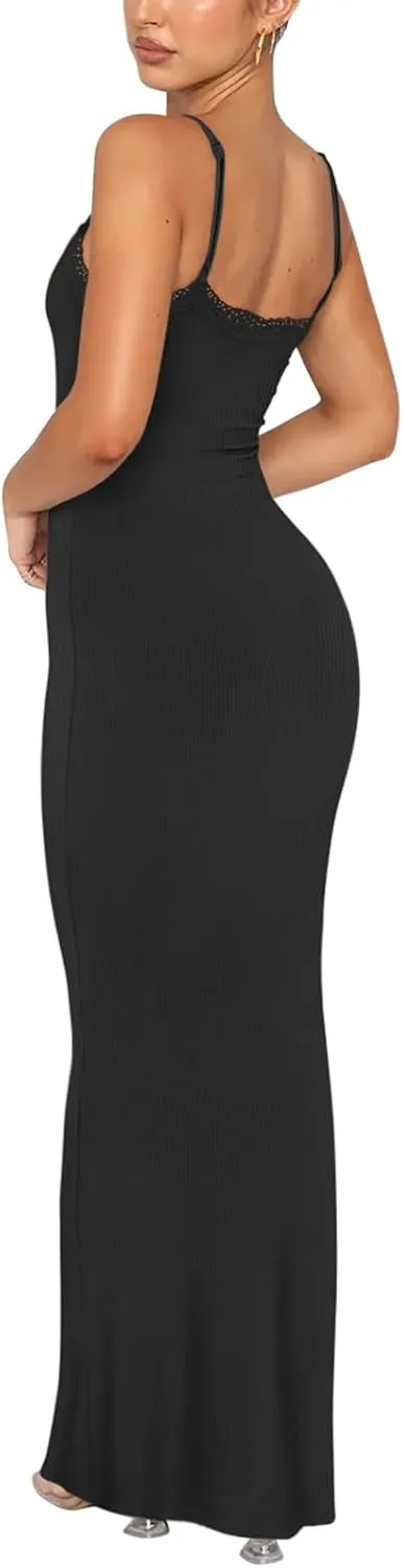 REORIA Women's Summer Lace Slip Lounge Long Dress Sexy Casual Elegant Backless Ribbed Bodycon Maxi Dresses