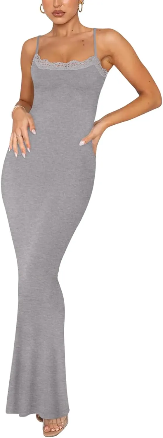 REORIA Women's Summer Lace Slip Lounge Long Dress Sexy Casual Elegant Backless Ribbed Bodycon Maxi Dresses
