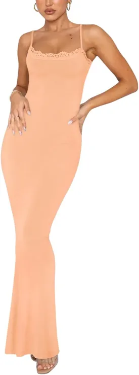 REORIA Women's Summer Lace Slip Lounge Long Dress Sexy Casual Elegant Backless Ribbed Bodycon Maxi Dresses