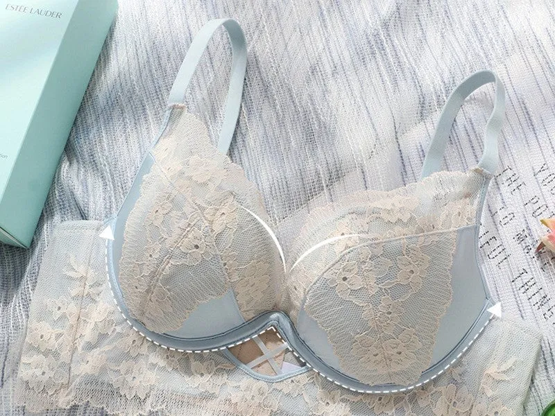 Small chest push up underwear girl sweet satin lace bra mulberry silk lining ladies bra set
