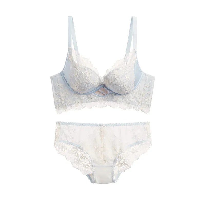Small chest push up underwear girl sweet satin lace bra mulberry silk lining ladies bra set