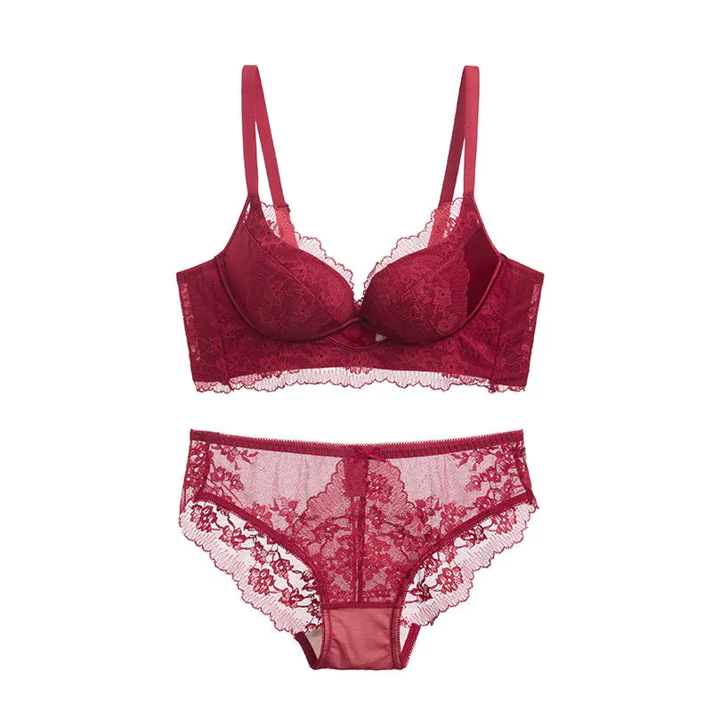 Small chest push up underwear girl sweet satin lace bra mulberry silk lining ladies bra set