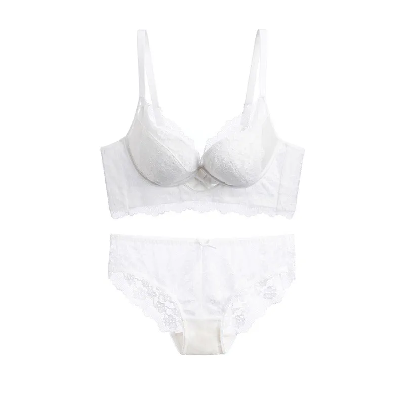 Small chest push up underwear girl sweet satin lace bra mulberry silk lining ladies bra set