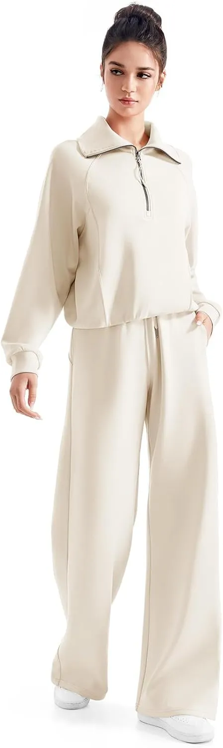 SUUKSESS Women 2 Piece Lounge Matching Set Wide Leg Sweatpant Half Zip Sweatshirt